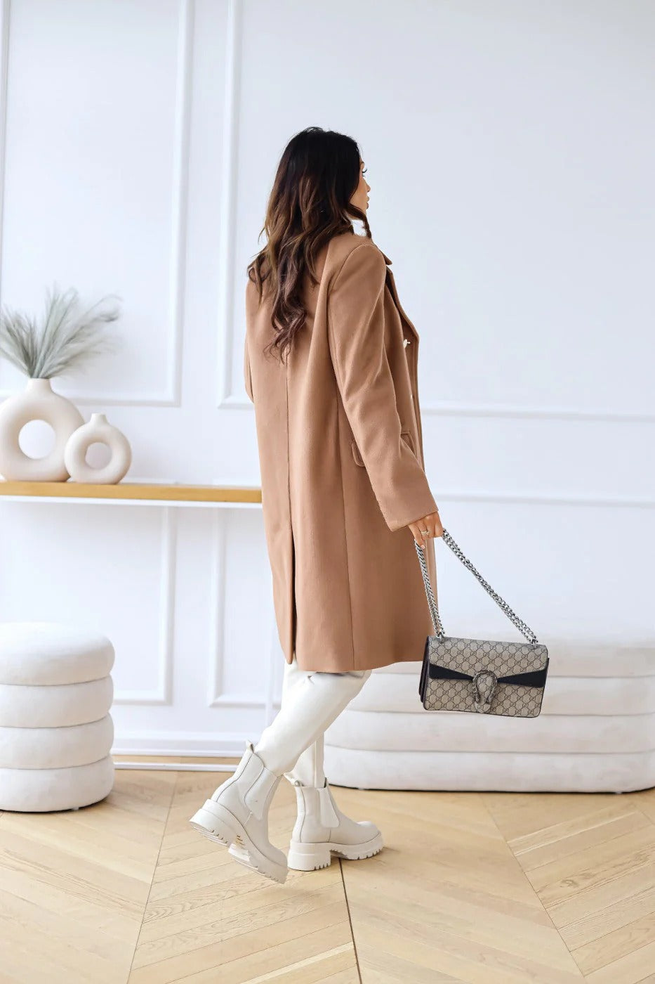 Manteau long croisé élégant en mélange de laine pour l'automne