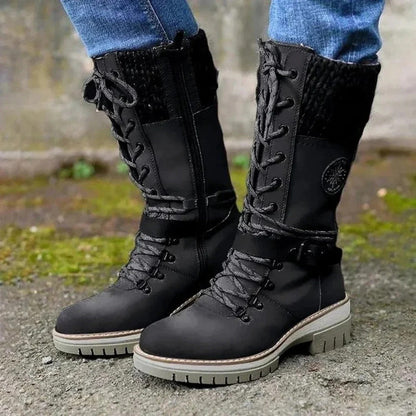 Bottes mi-mollet femme à lacets et bord en laine