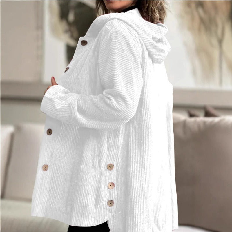 Robe classique en velours côtelé Décontracté Capuche Boutons Longueur genou