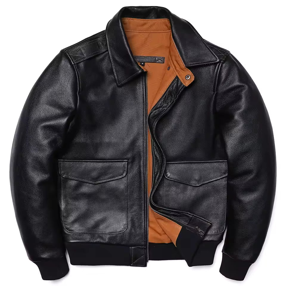 Blouson en cuir Coupe élégante Fermeture éclair Col pointu