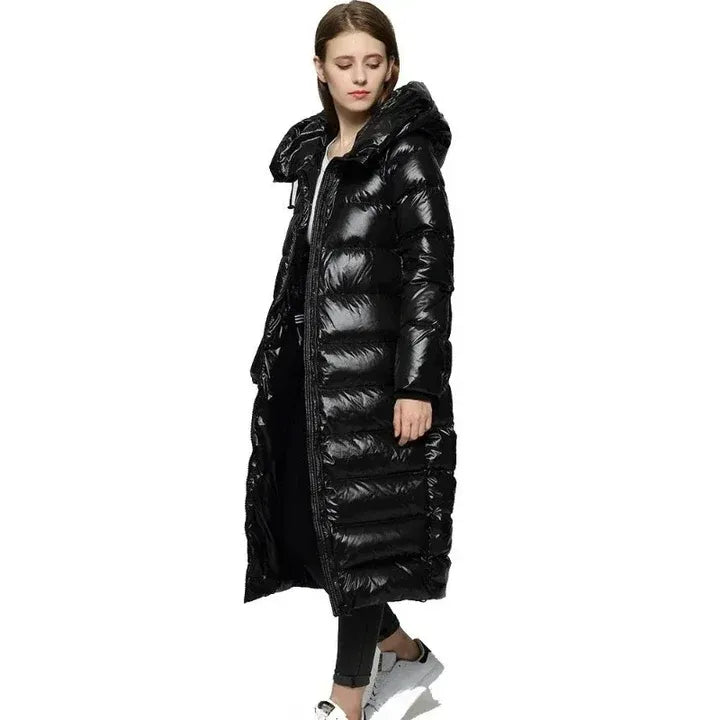 Doudoune longue décontractée à capuche imperméable brillante