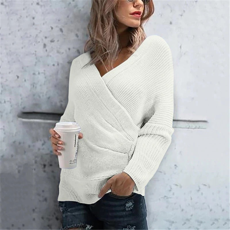 Kuschelige Wickelstrickjacke V-Ausschnitt Lockere Passform - IdealeKleiden