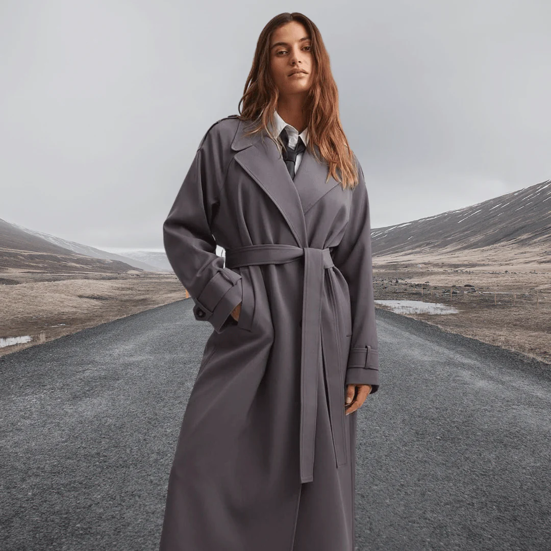 Trench-coat long et élégant pour femme avec ceinture, classique