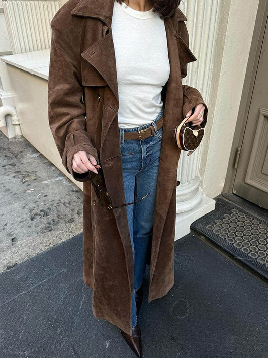 Trenchcoat Damen Relaxed Fit Wildleder Optik Gürtel - IdealeKleiden