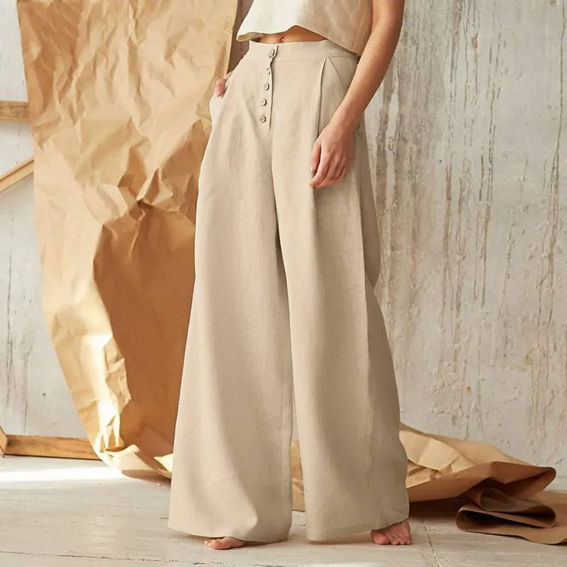 Robe d'été Jambes larges Taille haute Fermeture boutonnée Aspect lin
