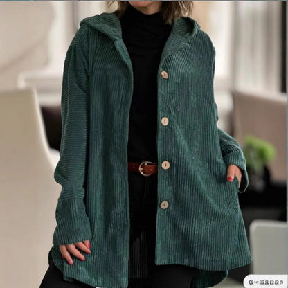Robe classique en velours côtelé Décontracté Capuche Boutons Longueur genou