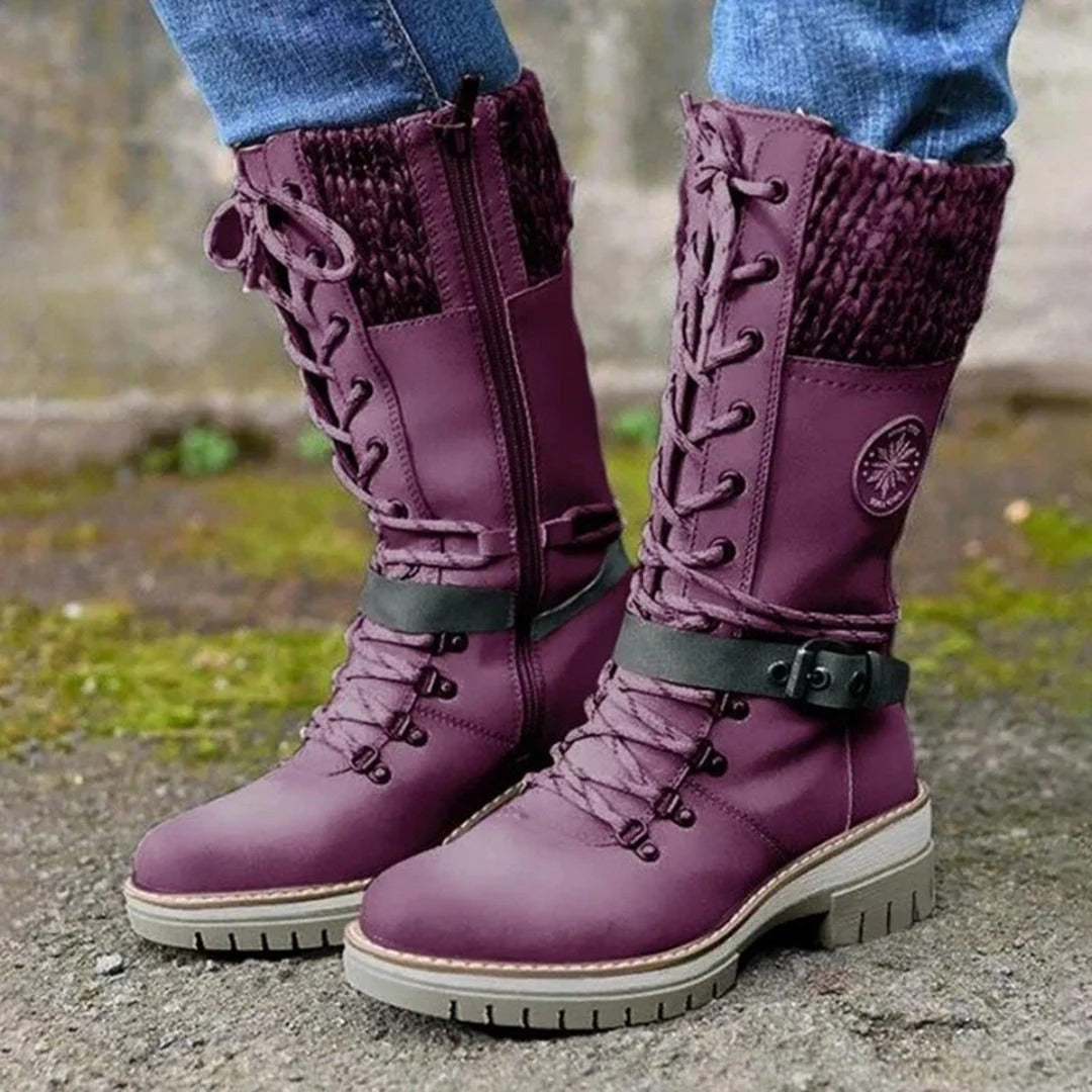 Bottes mi-mollet femme à lacets et bord en laine