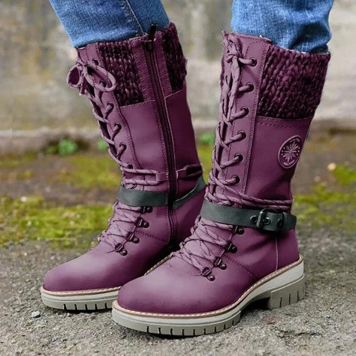 Bottes mi-mollet femme à lacets et bord en laine