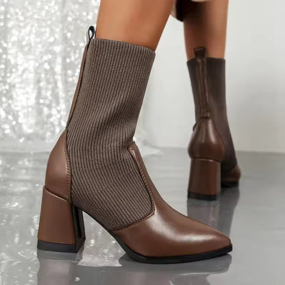Chelsea Boots Damen Strick-Optik Spitzer Zeh Blockabsatz