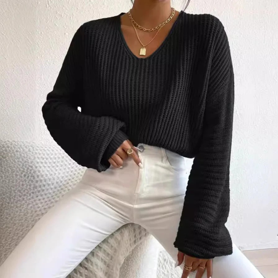 Vêtements féminins élégants | Blouse confortable en maille côtelée à col en V et manches longues