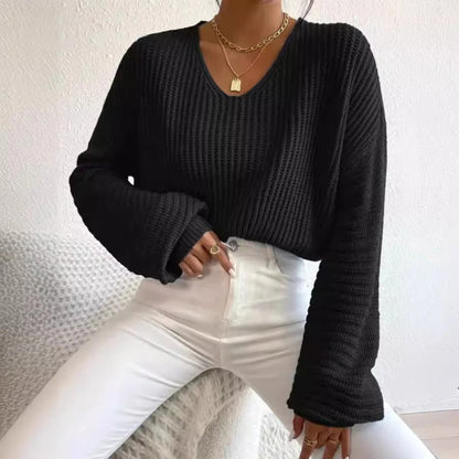 Vêtements féminins élégants | Blouse confortable en maille côtelée à col en V et manches longues
