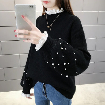 Robe pull en maille mélangée Coupe décontractée Détails perles