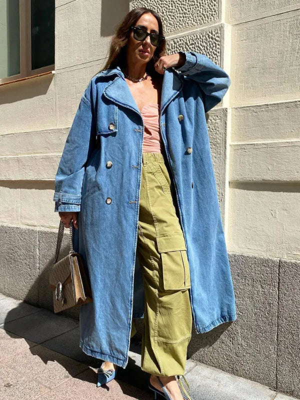 Oversized Trenchcoat Denim Blau Knopfverschluss - IdealeKleiden