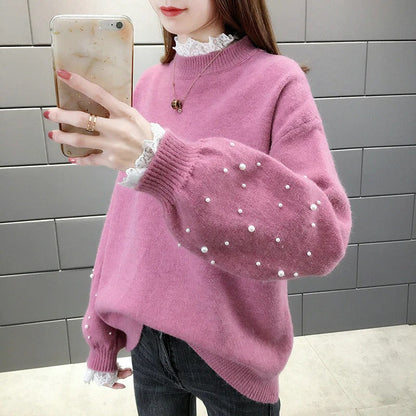 Robe pull en maille mélangée Coupe décontractée Détails perles