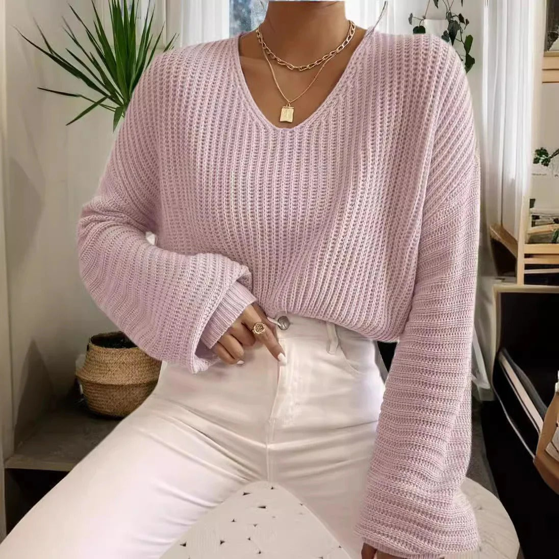 Vêtements féminins élégants | Blouse confortable en maille côtelée à col en V et manches longues