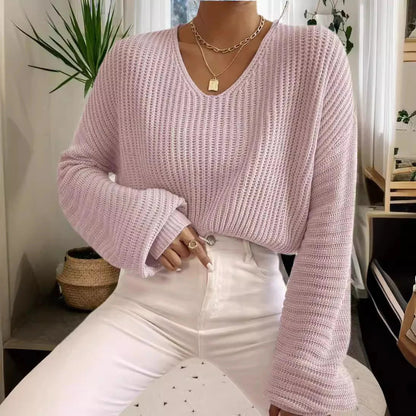 Vêtements féminins élégants | Blouse confortable en maille côtelée à col en V et manches longues
