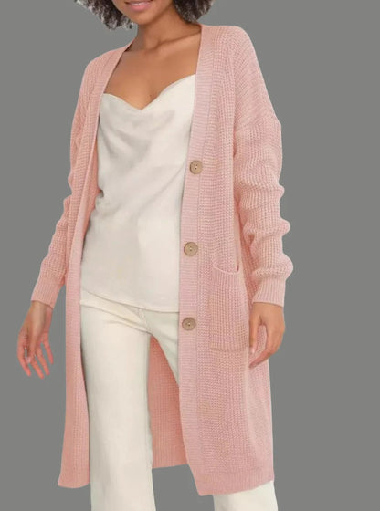 Long cardigan femme coupe ample douce avec boutons et poches