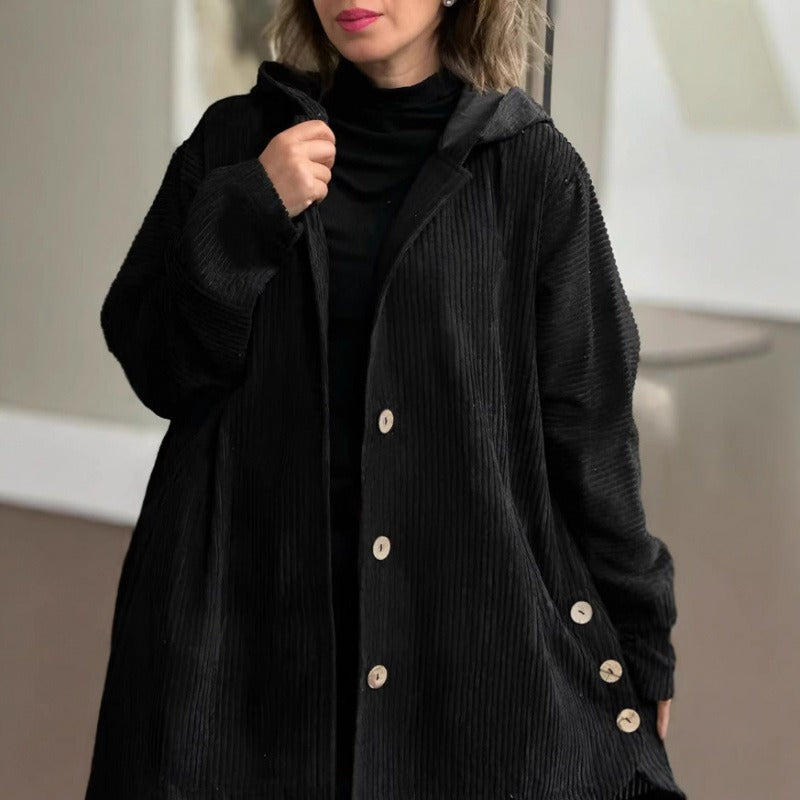 Robe classique en velours côtelé Décontracté Capuche Boutons Longueur genou