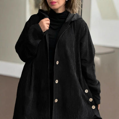 Robe classique en velours côtelé Décontracté Capuche Boutons Longueur genou