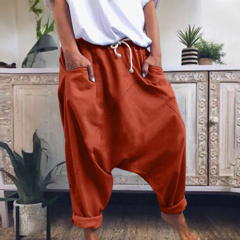 Pantalon harem femme coupe confort jambes retroussées coton