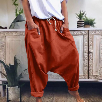Pantalon harem femme coupe confort jambes retroussées coton