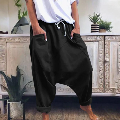Pantalon harem femme coupe confort jambes retroussées coton