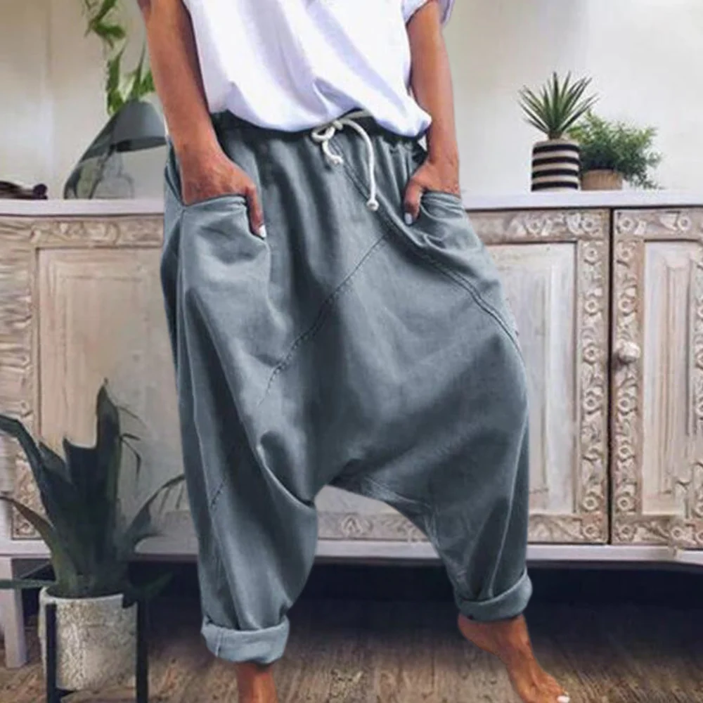 Pantalon harem femme coupe confort jambes retroussées coton