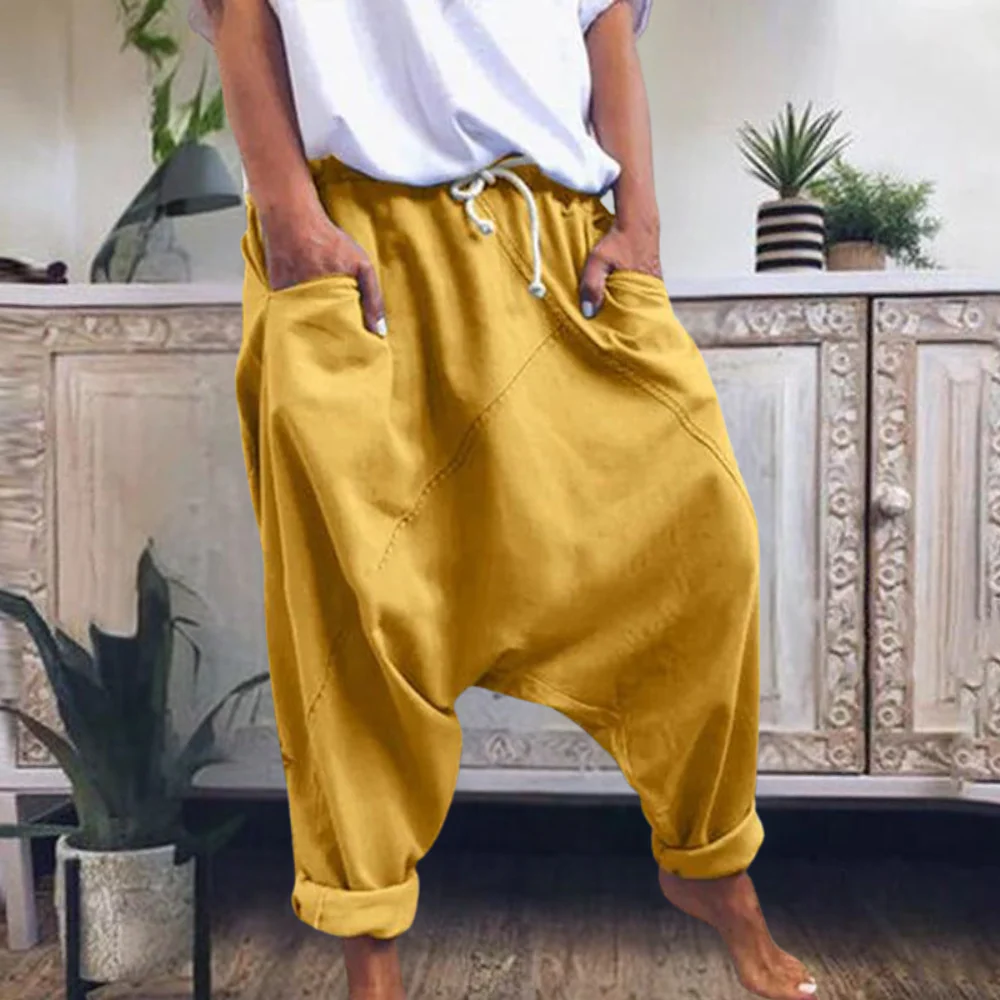 Pantalon harem femme coupe confort jambes retroussées coton