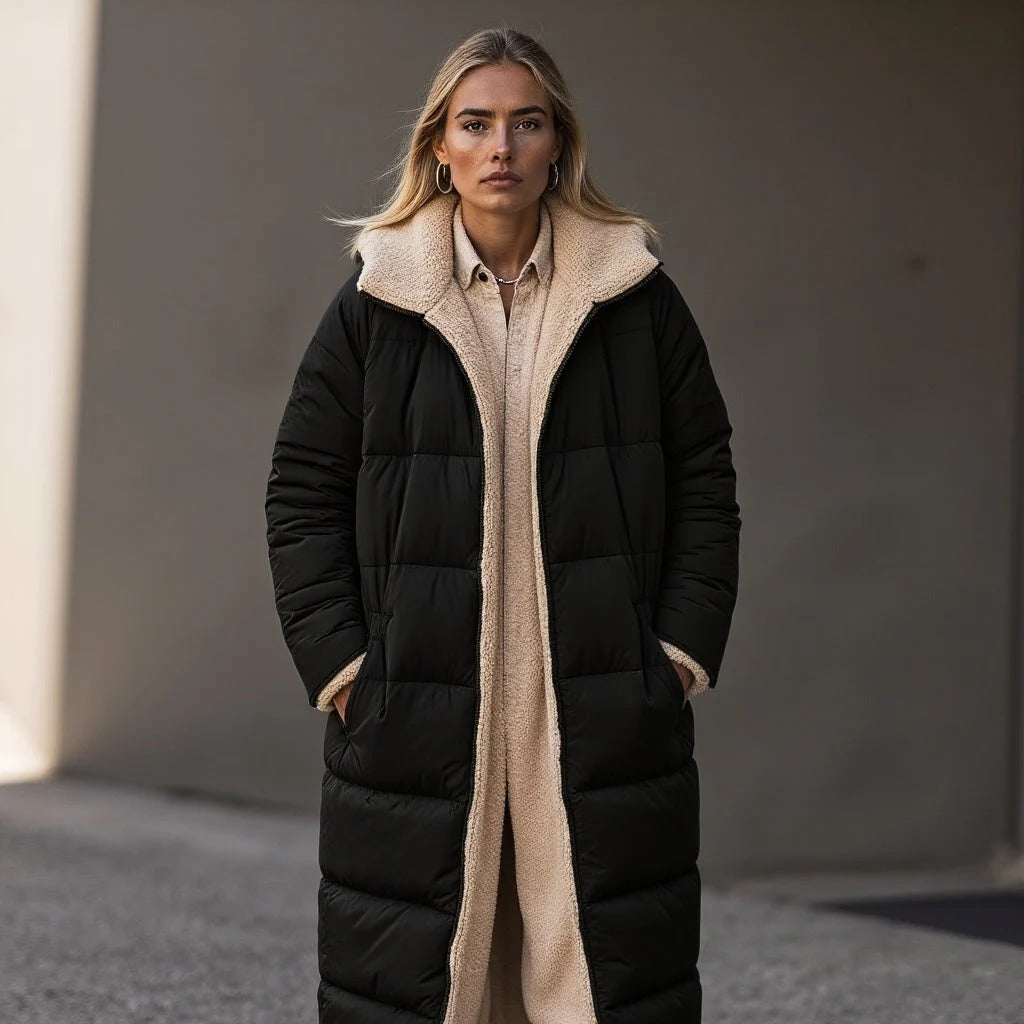 Langer Wintermantel Damen, Fleece Ausstattung, Lockerer Schnitt - IdealeKleiden