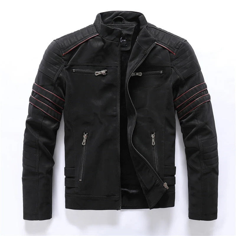 Blouson en cuir slim fit avec épaules matelassées et fermeture éclair