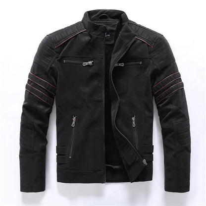Blouson en cuir slim fit avec épaules matelassées et fermeture éclair