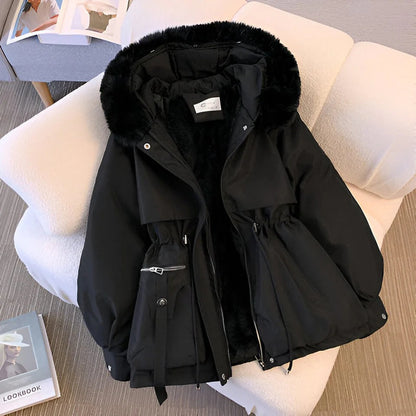 Élégant manteau d'hiver Coupe cintrée Capuche avec bordure en fourrure