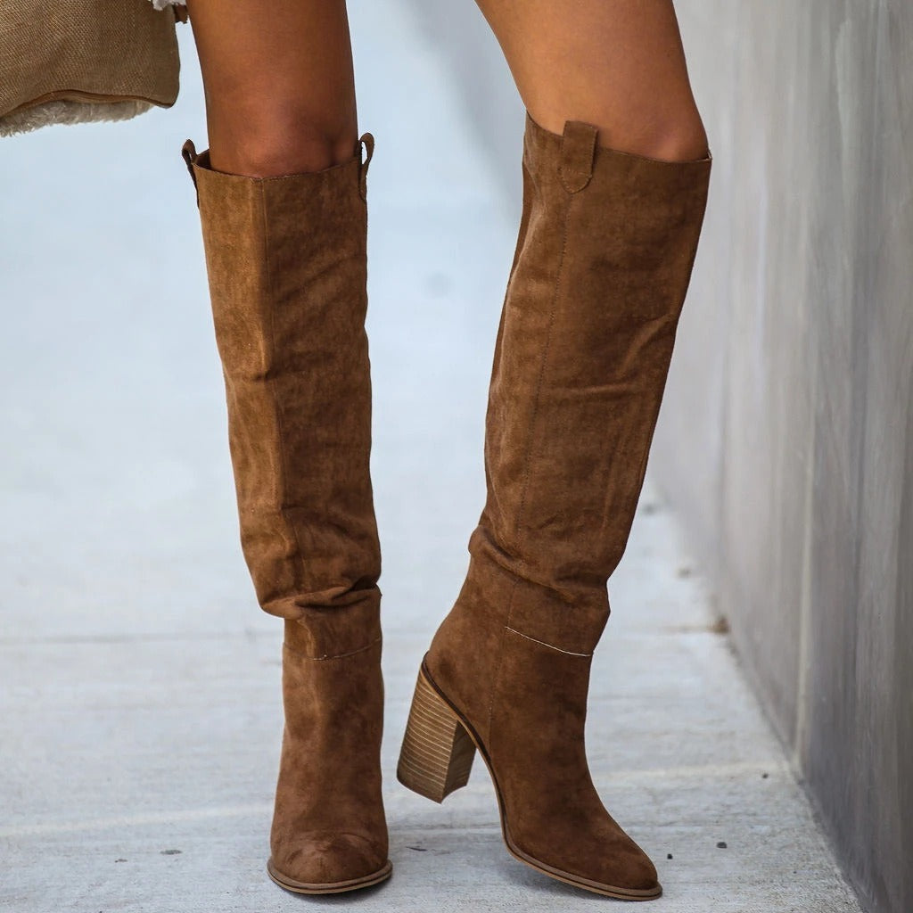 Bottes cuissardes chic en similicuir à talon bloc coupe slim