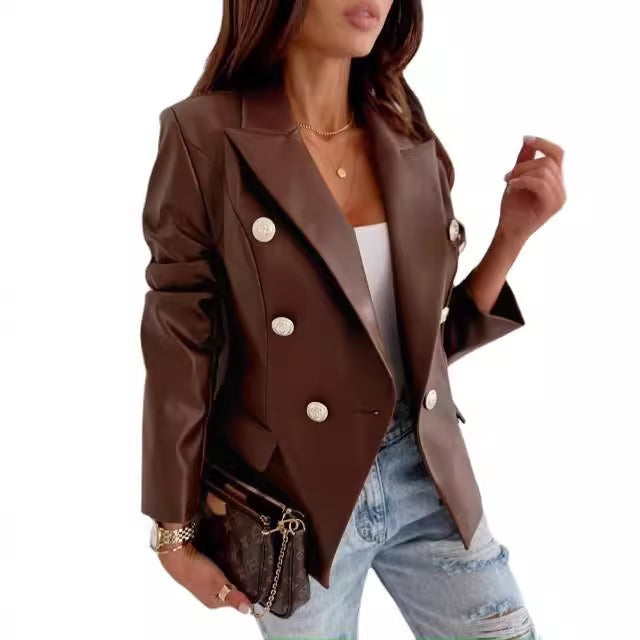Lederblazer Damen Modern Taillierte Form Lange Ärmel - IdealeKleiden