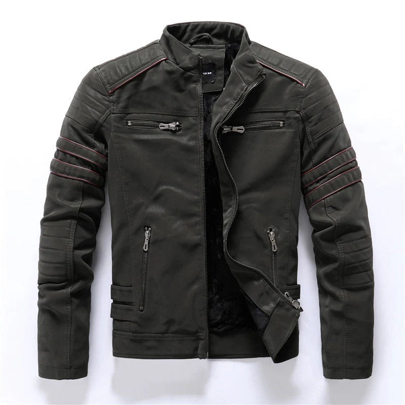 Blouson en cuir slim fit avec épaules matelassées et fermeture éclair
