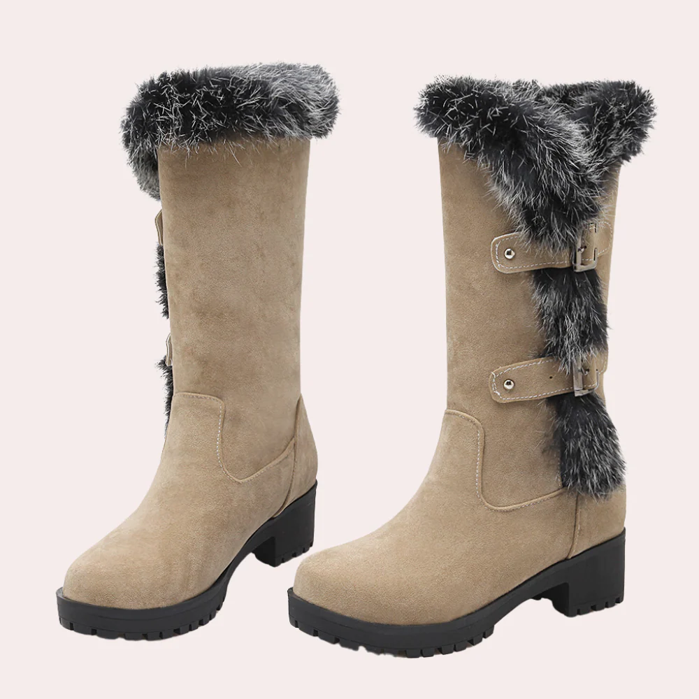 Vêtements élégants | Longueur genou Daim synthétique Bordure en fausse fourrure Boucle Semelle épaisse → 
Robe élégante Longueur genou Daim Boucle
