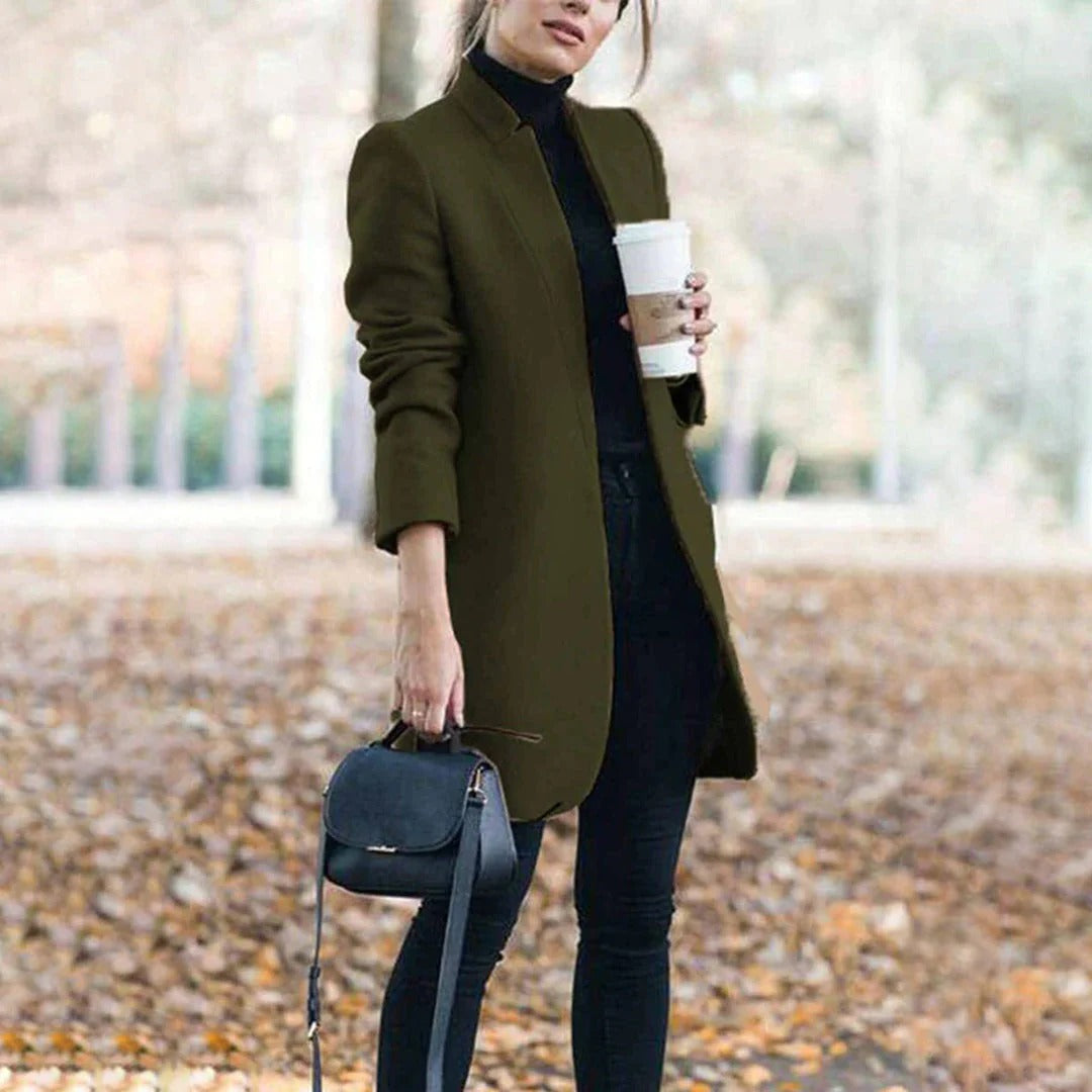 Manteau élégant en laine pour femme, longueur genou, cintré