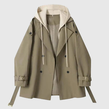 Große Trenchcoat Damen Oversize Kapuze Gürtel Baumwolle Stil - IdealeKleiden