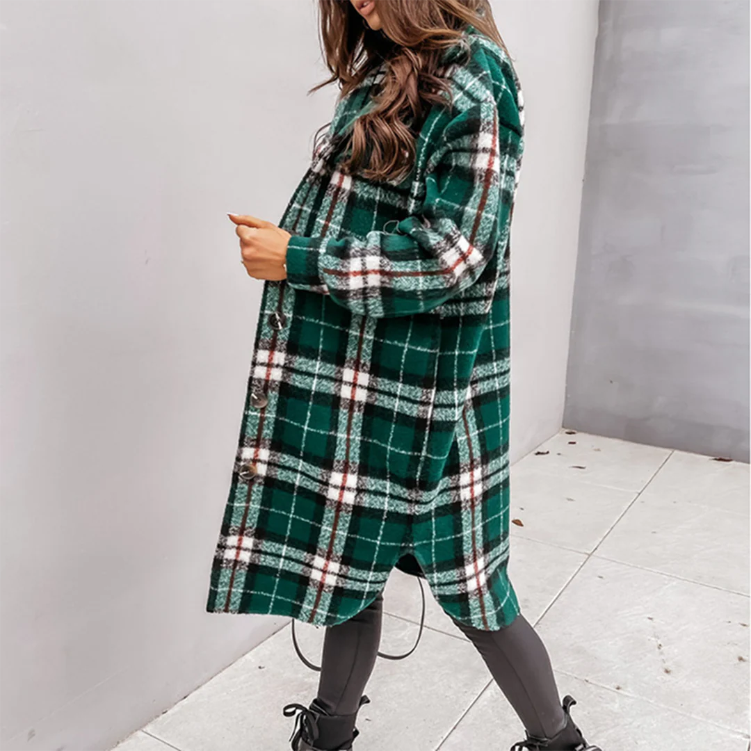 Long manteau en laine, motif à carreaux, décontracté