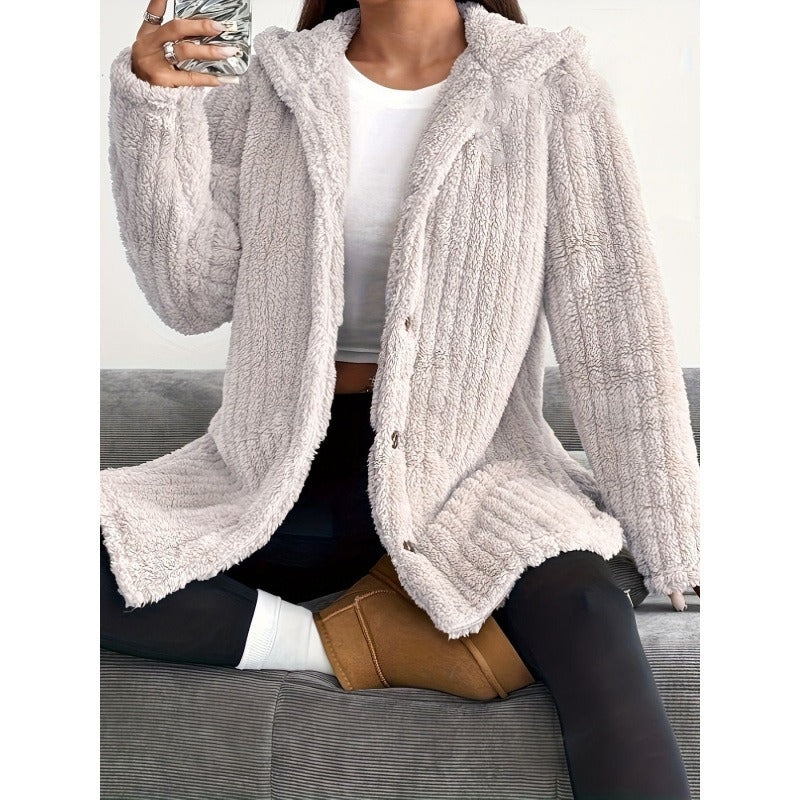 Veste oversize en teddy douce à capuche et fermeture boutonnée