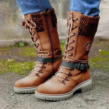 Bottes mi-mollet femme à lacets et bord en laine