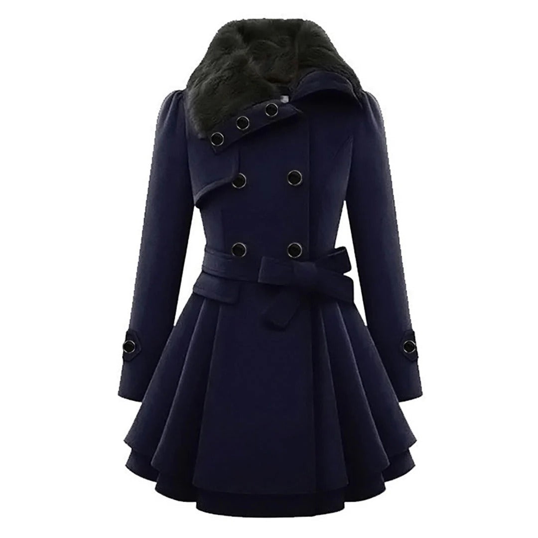 Robe élégante | Coupe évasée ajustée Double boutonnage Col en fausse fourrure Ceinture à nouer