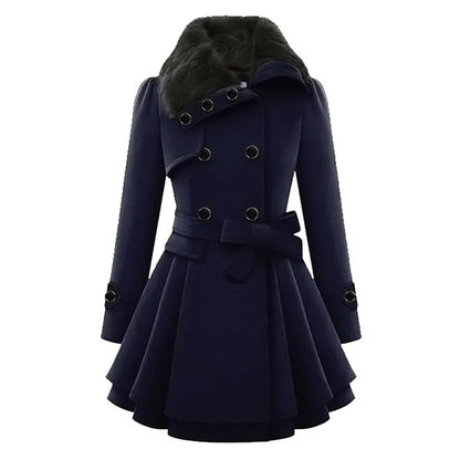 Robe élégante | Coupe évasée ajustée Double boutonnage Col en fausse fourrure Ceinture à nouer
