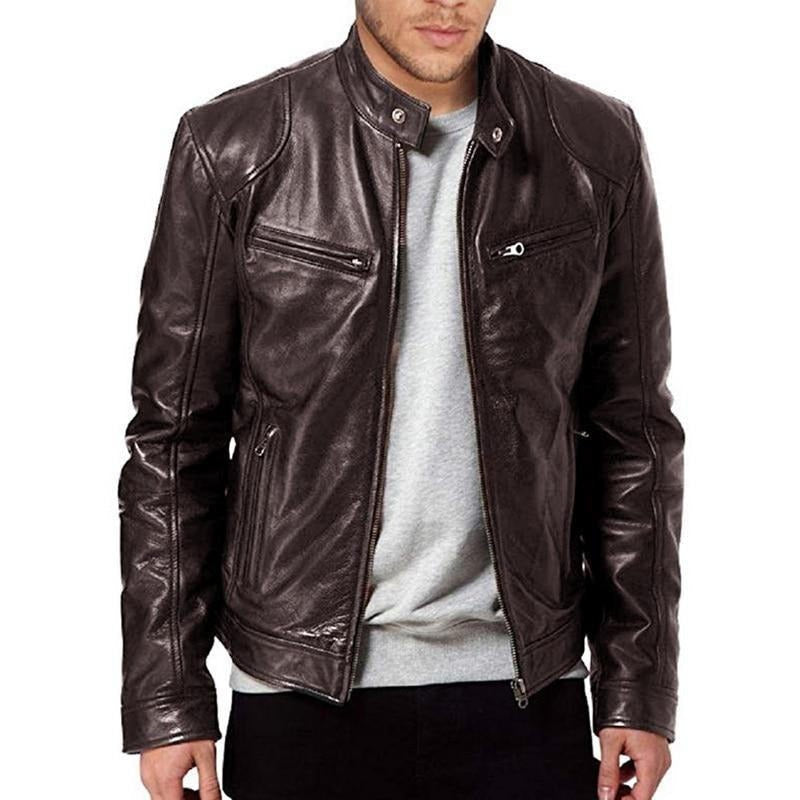 Blouson de motard en cuir ajusté avec fermeture éclair et poches