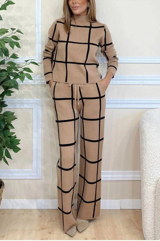 Ensemble tricoté à carreaux décontracté jambes larges