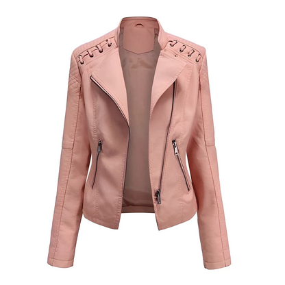 Blouson en cuir coupe slim asymétrique matelassé