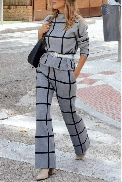 Ensemble tricoté à carreaux décontracté jambes larges