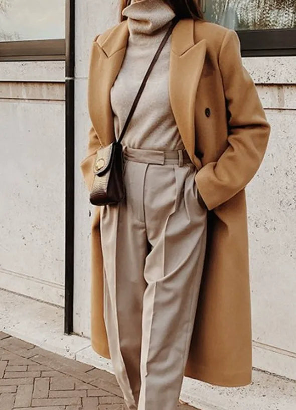 Manteau long élégant, coupe slim, qualité laine classique