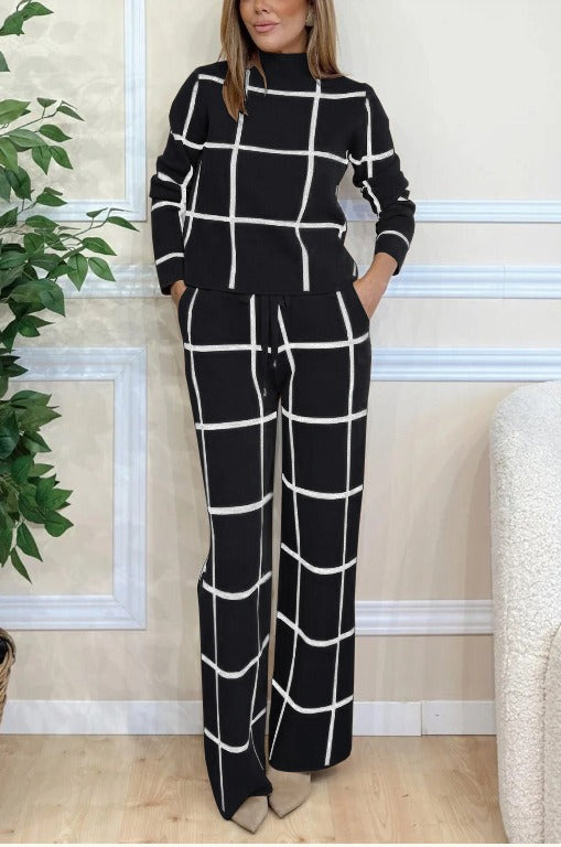 Ensemble tricoté à carreaux décontracté jambes larges