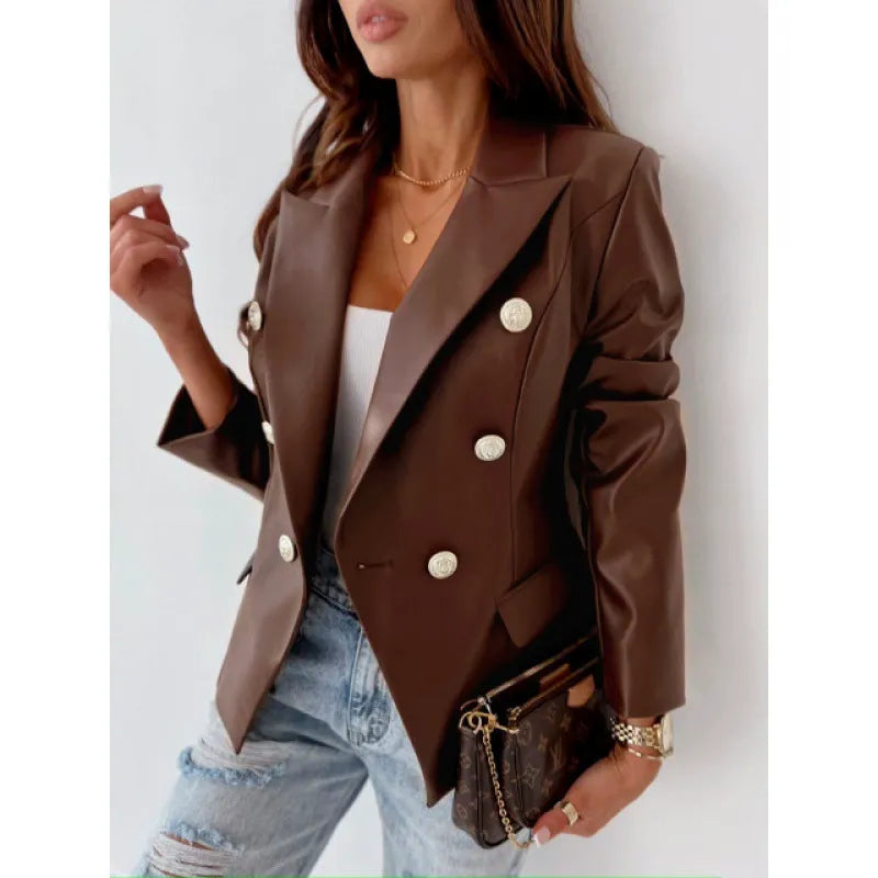Veste en cuir élégante pour femme, cintrée, épaulettes